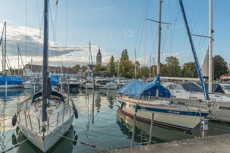 Port and Catholic Church of St. Johannes, Romanshorn, Lake Constance, Canton of Thurgau, Switzerland