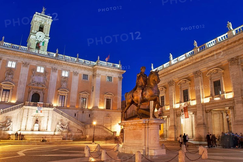 Photo of the Blue Hour night view of Campidoglio on Capitoline Hill Capitol with equestrian statue of Emperor Marcus Aurelius, Senatorial Palace in the background, Rome, Lazio, Italy