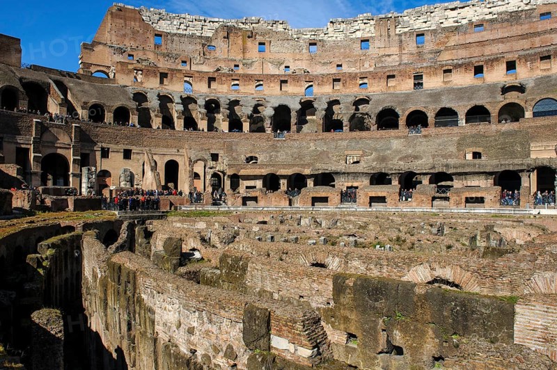 View of exposed hypogeum hypogeum substructure of historic arena Colosseum in ancient center of Rome, Parco Archeologico del Colosseo, Archaeological Park at the Colosseum, Rome, Lazio, Italy