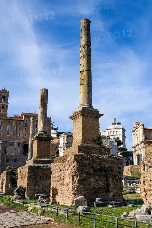 Two honorary columns reconstructed at the Roman Forum in 1899, a fluted from Pavonazetto and an unchanneled of gray granite, Roman Forum, Rome, Lazio, Italy