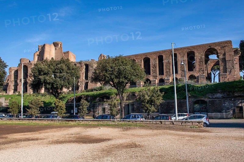 View from Arena racecourse Circus Maximus chariot race venue to ruins of Domitian Imperial Palace, Rome, Lazio, Italy