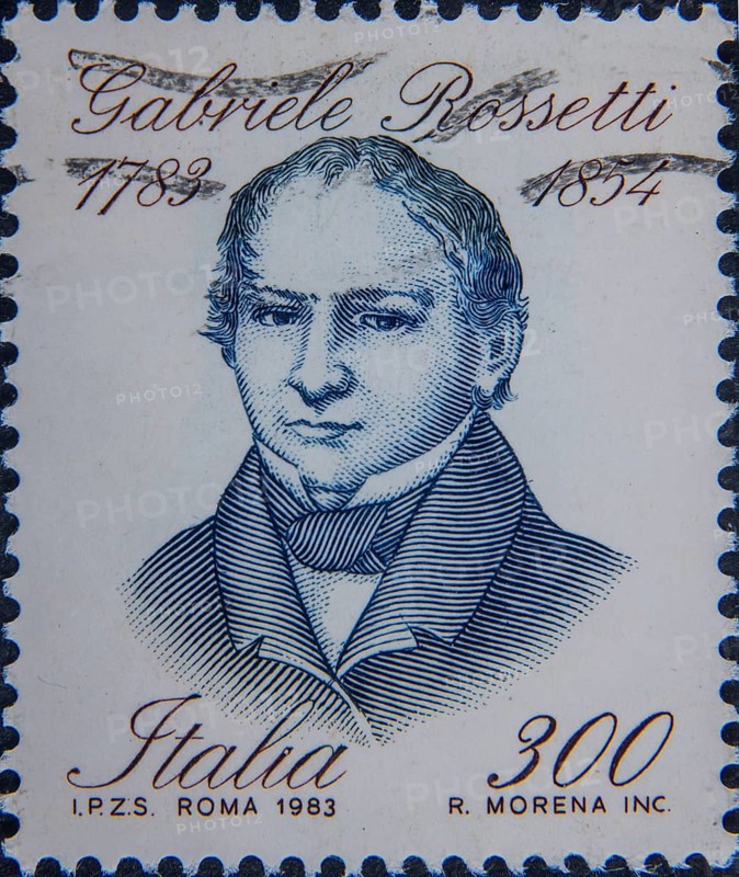 Gabriele Rossetti (1783-1854) was an Italian nobleman, poet, constitutionalist, scholar, and founder of the secret society Carbonari. Portrait on an Italian postage stamp
