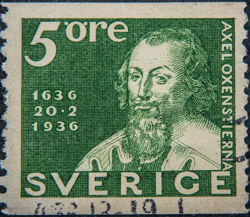 Chancellor Axel Oxenstierna (1583-1654) is one of Sweden's most important statesmen of all time and was for a long time the leading statesman in the kingdom. Portrait on a Swedish stamp