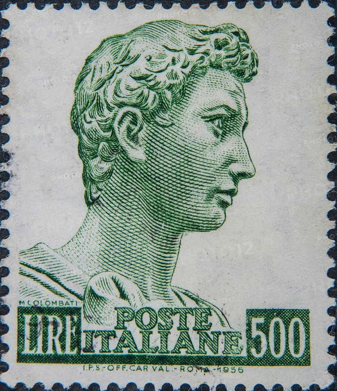 Saint George, (circa 275–280--303) was a Christian martyr, and according to tradition, a Roman soldier. Portrait on Italian postage stamp