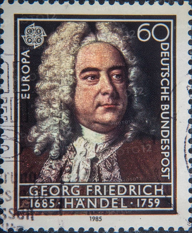 George Frideric Handel (1685-1759) was a German-English Baroque composer, famous for his operas, oratorios and concerti grossi. Portrait on German postage stamp