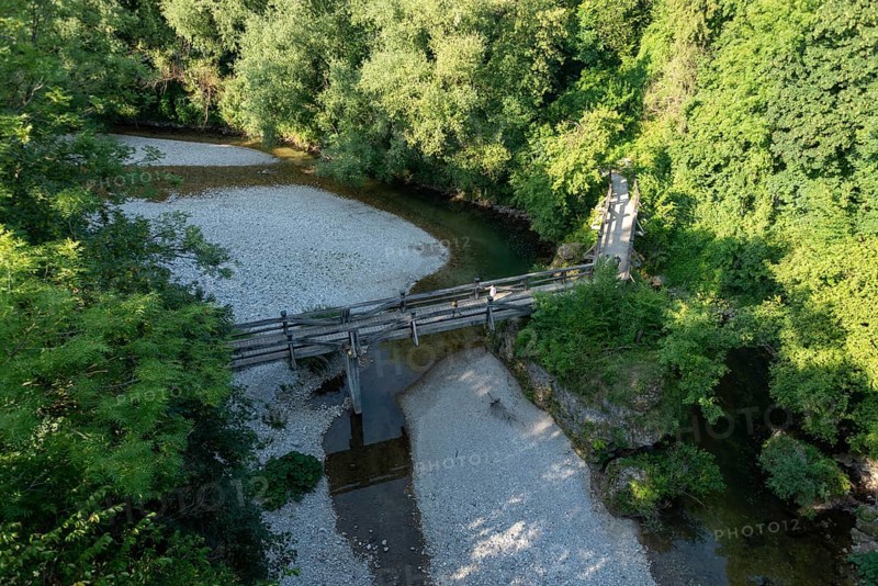 View over bridge, gravel bed, trees, Kranj, Upper Carniola, Slovenia