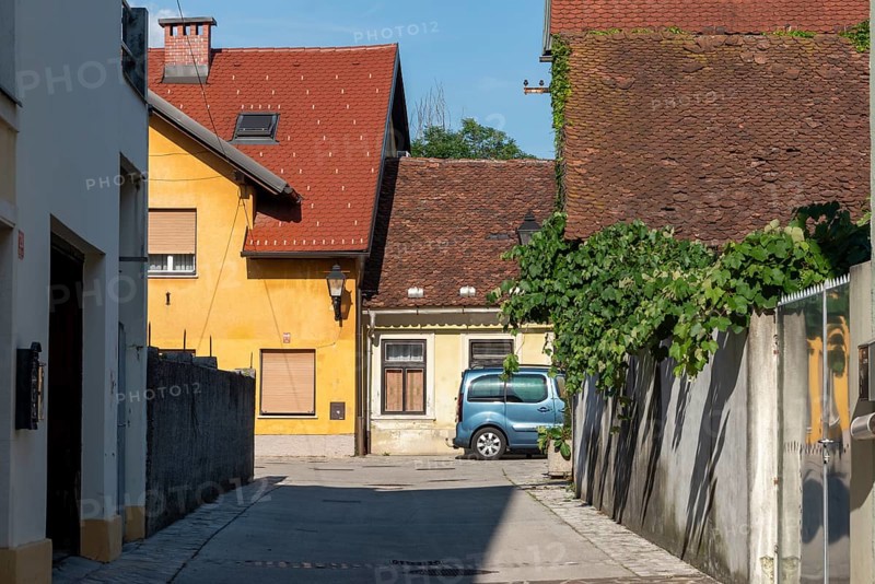 Old crouched houses, car, color contrast, Kranj, Upper Carniola, Slovenia