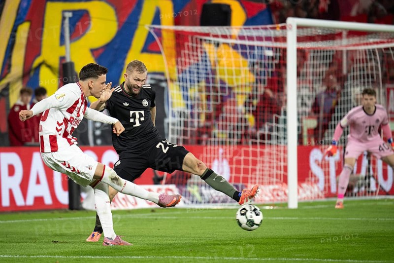 (DFL/DFB REGULATIONS PROHIBIT ANY USE OF PHOTOGRAPHS AS IMAGE SEQUENCES AND/OR QUASI-VIDEO), Rhein Energie Stadion, Cologne, North Rhine-Westphalia, Said el Mala (1.FC Cologne, Midfield, #13), Konrad Laimer (FC Bayern Munich, Midfield, #27), DFB-Pokal 1.FC Cologne, FC Bayern Munich on 29.10.2025 at the Rhein Energie Stadium in Cologne Germany