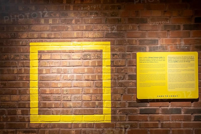 Chicago, Illinois - The National Public Housing Museum. The museum occupies the last standing building of the Jane Addams homes, built in 1938, the first public housing project in Chicago. A display highlights the 'Chicago common bricks, ' two million of which were used to build the Jane Addams project