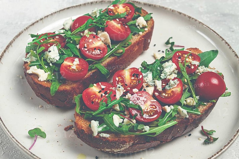 Arugula sandwiches and cherry tomatoes, cheese with mold, breakfast, snack, homemade