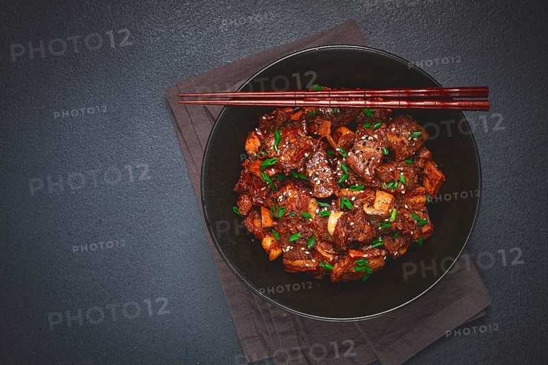 Bulgogi, with mushrooms, with sesame seeds and green onions, Korean cuisine, homemade, no people