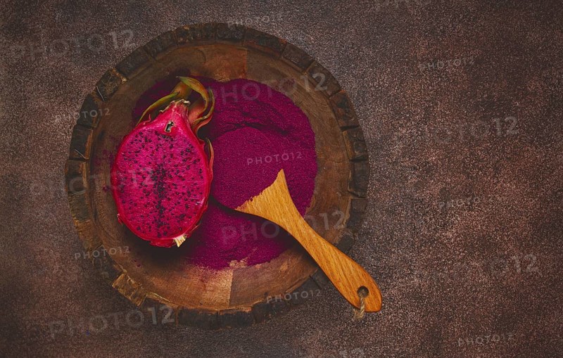 Pitaya powder, dragon fruit, freeze-dried powder, top view, no people