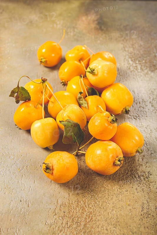 Yellow small apples, Chinese variety, scattered on the table, top view, no people