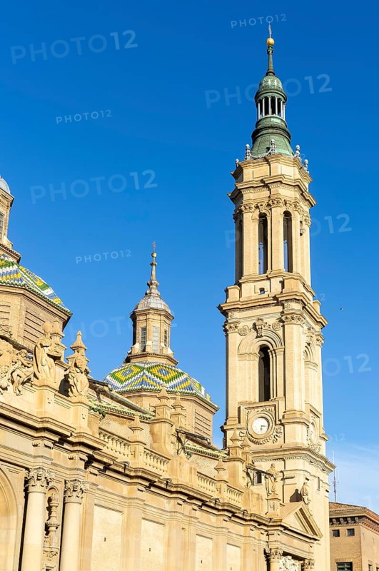 Towers and domes on roof of Basilica of Our Lady of the Pillar cathedral church, Zaragoza, Aragon, Spain