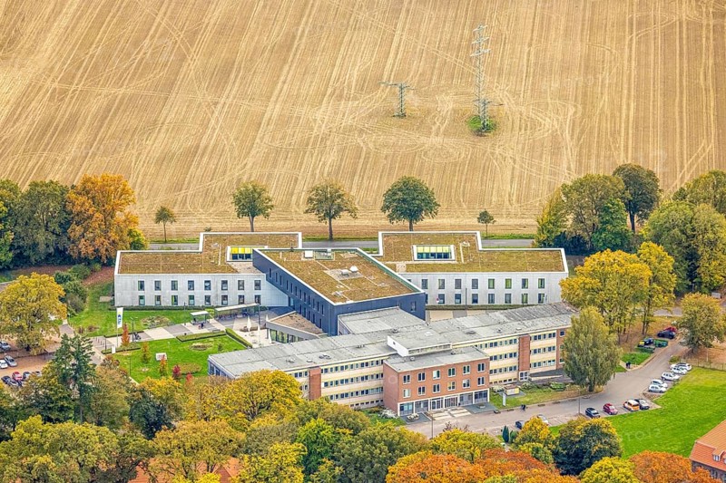 Aerial view, LVR-Klinik Bedburg-Hau, LVR-Klinik Bedburg-Hau Department of Adult Psychiatry, Field and Tree Allee, Autumn Trees, Hau, Bedburg-Hau, Lower Rhine, North Rhine-Westphalia, Germany