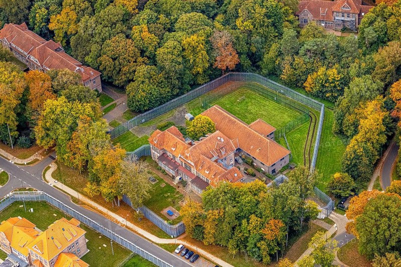Aerial view, LVR-Klinik, Brückenweg building, Hau, Bedburg-Hau, Lower Rhine, North Rhine-Westphalia, Germany