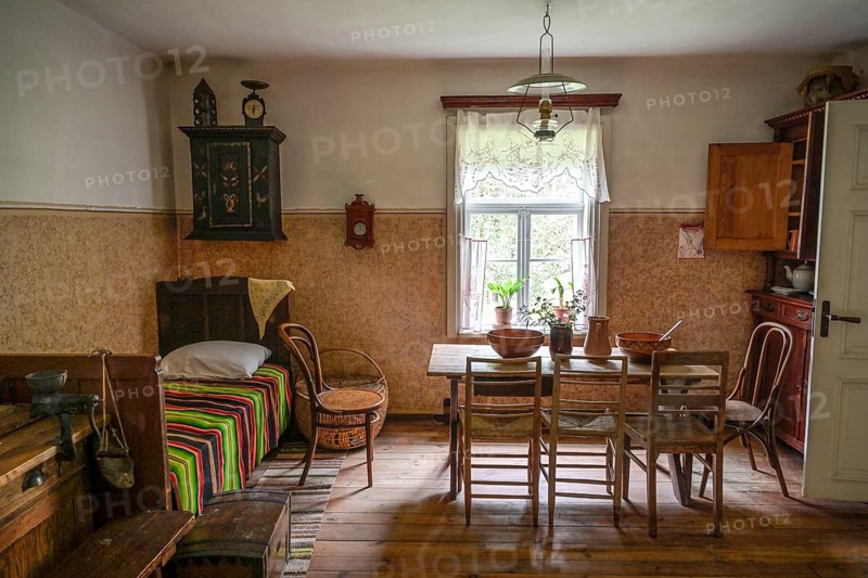 Living room, bed, Kazaki house, wooden house, Latvian Ethnographic Open-air Museum, Brivdabas iela, Riga, Latvia