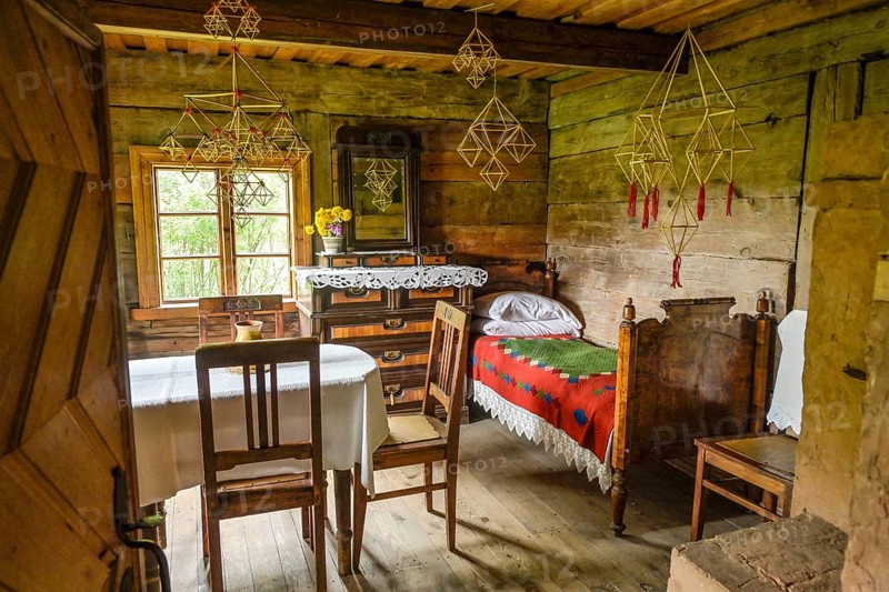 Bed, living room, table, wooden house, fisherman's house, Latvian Ethnographic Open-Air Museum, Brivdabas iela, Riga, Latvia