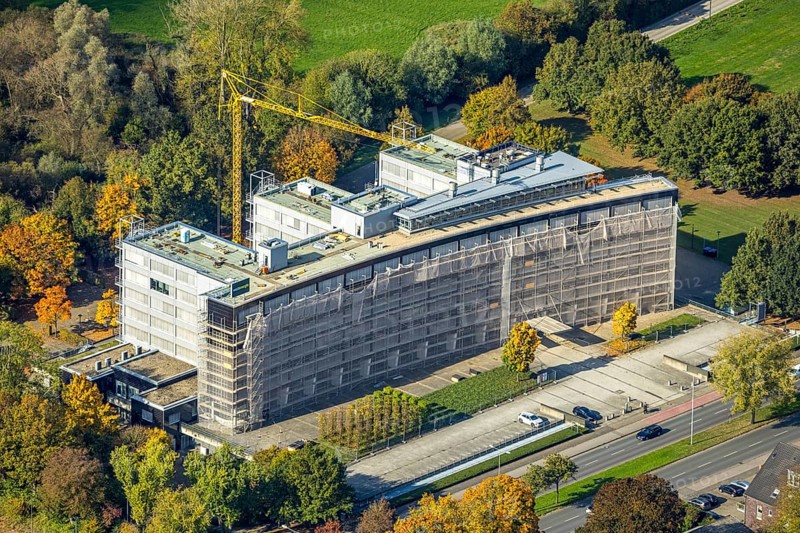 Aerial view, Westnetz GmbH Regionalzentrum Wesel (Niederrhein) building with construction site, Wesel, Lower Rhine, North Rhine-Westphalia, Germany, construction area, building plot, construction crane, construction project, DE, Europe, aerial photography, aerial photography, overview, birds-eyes view, overview