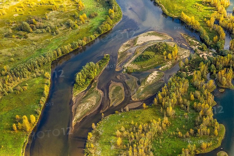 Aerial view, lip estuary, river Lippe and small islands with autumn trees in the NSG nature reserve, shapes and colors, Wesel, Lower Rhine, North Rhine-Westphalia, Germany, DE, Europe, aerial photography, aerial photography, overview, birds-eyes view, overview