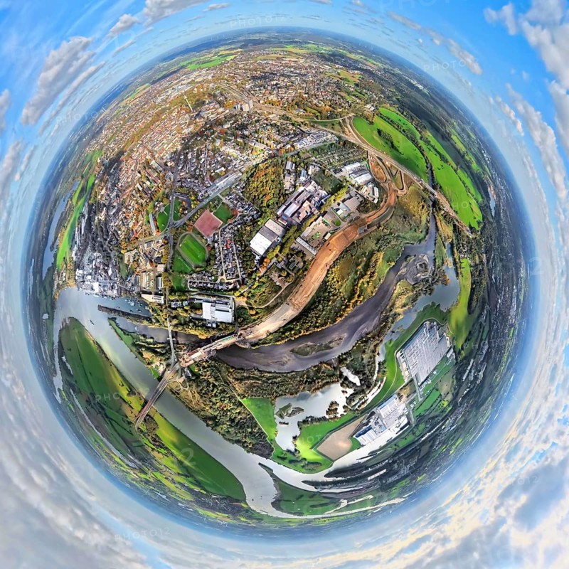 Aerial view, town view of Wesel, Rhine river and Wesel Lower Rhine bridge, Lippe Lippe estuary with construction site and nature reserve NSG Büdericher Insel, at the bottom of the Rhine estuary, Wesel, Datteln Canal, globe, fisheye image, 360 degree view, tiny world, little planet, fisheye image, Wesel, Ruhr area, Lower Rhine, North Rhine-Westphalia, Germany, construction, construction area, building area, building area, building area, building area, building area, construction site, building plots, construction project, construction site, bridge, DE, Europe, fisheye lens, large construction site, Hanseatic City, Little Planet, aerial photography, aerial photography, muzzle, super wide angle lens, tiny world, overview, bird's eye view, world globe, living and living, residential area, living quality, birds-eyes view, fisheye lens, insta360 camera, overview