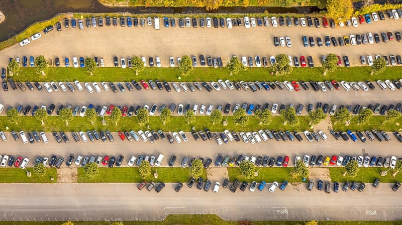 Aerial view, parking lot at Kalkar Wonderland amusement park, shapes and colors, Hönnepel, Kalkar, Lower Rhine, North Rhine-Westphalia, Germany, DE, Europe, aerial photography, aerial photography, overview, birds-eyes view, overview