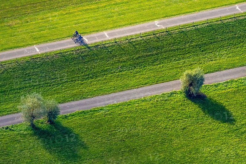 Aerial view, cycle path and cyclist in the foothills of the Rhine Perrich, green meadows and green trees, Büderich, Wesel, Lower Rhine, North Rhine-Westphalia, Germany, DE, Europe, aerial photography, aerial photography, cycling, Rheinaue, overview, birds-eyes view, overview, cycling