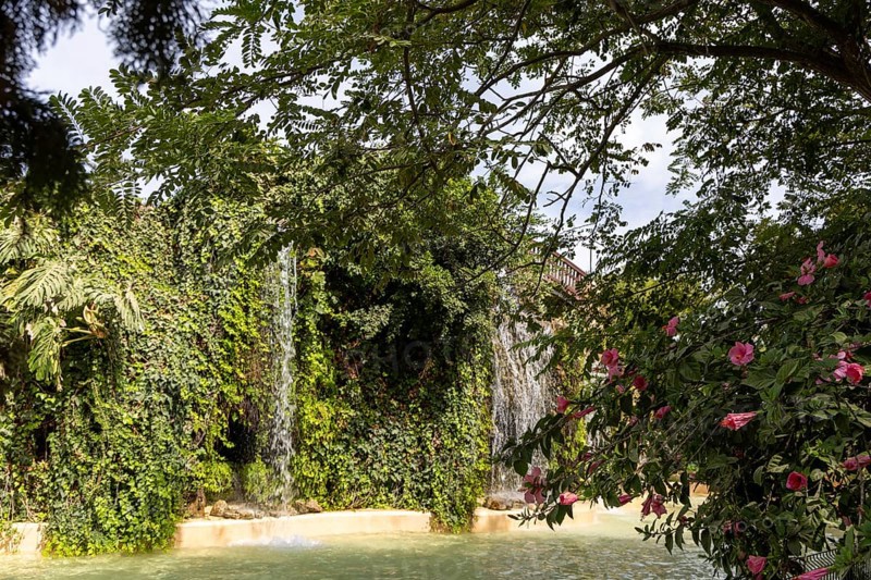 Beautiful natural park, with waterfalls and hibiscus blossoms The Ornamental Pond in Genovés Botanic Gardens Cadiz, Andalusia Spain