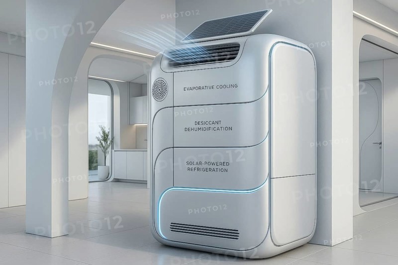 This futuristic appliance uses solar energy for evaporative cooling and dehumidification, promoting sustainable living, AI generated