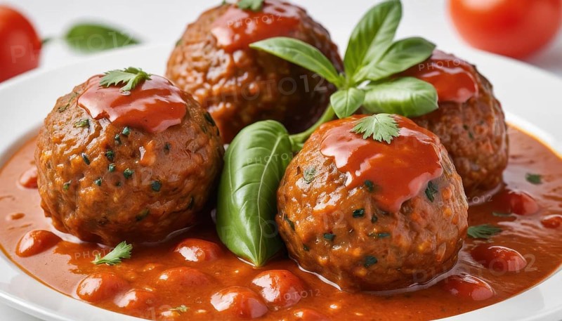 This image showcases a close-up of savory meatballs, perfectly cooked and served with a rich tomato sauce, AI generated