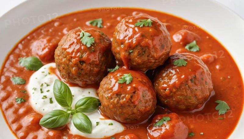 This image showcases a flavorful dish of meatballs in a rich tomato sauce, garnished with fresh basil and a creamy sauce, AI generated