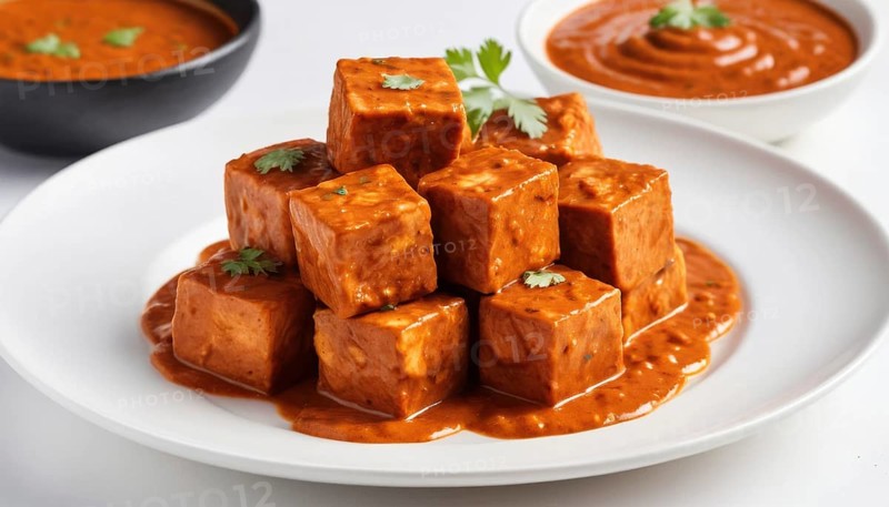 This flavorful paneer butter masala is a popular vegetarian dish in Indian cuisine, served with a rich, creamy sauce, AI generated
