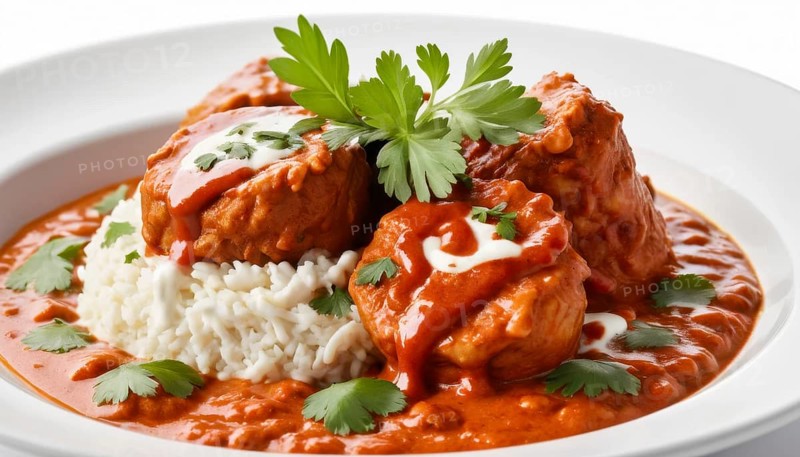 This flavorful Indian dish features tender chicken in a creamy tomato sauce, served with fluffy white rice, AI generated