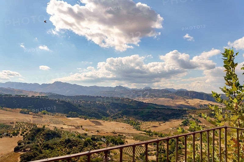 Ronda, malaga, spain Expansive valley landscape in ronda, andalusia, spain, showing hills, cultivated fields, mountains, and a bird flying under a blue sky