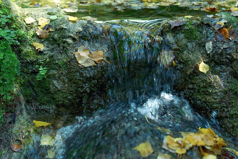Ronda, malaga, spain Water flowing over mossy rocks in a forest, surrounded by golden autumn leaves. A peaceful natural scene