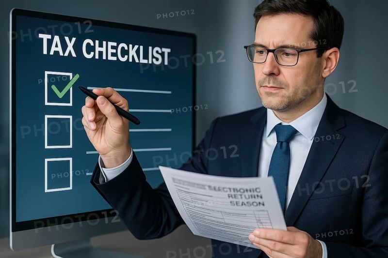 A professional man in a suit reviews a tax checklist, preparing for electronic tax returns, AI generated