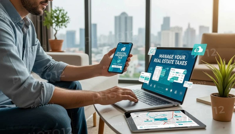 A person is shown using a laptop, tablet, and smartphone to manage their property taxes online, AI generated