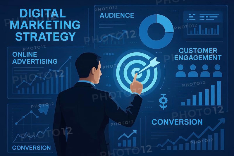 A businessman is shown pointing at a target, representing digital marketing strategy and business goals, AI generated