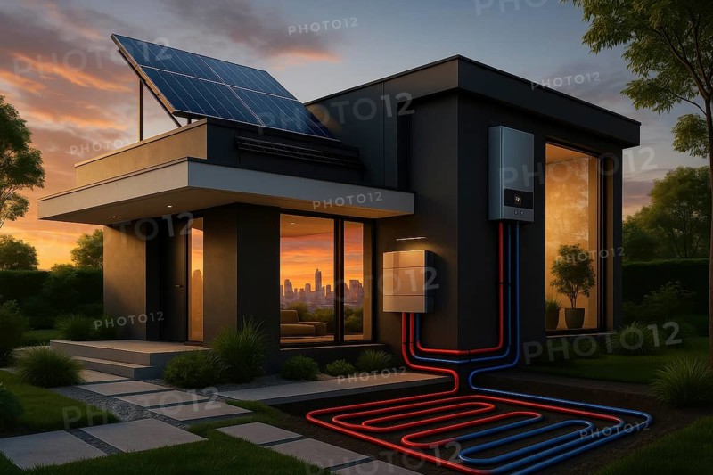 This contemporary house showcases sustainable energy solutions with a beautiful sunset backdrop, AI generated