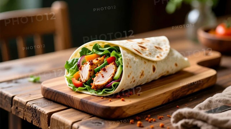 This appetizing wrap features grilled chicken, crisp lettuce, tomatoes, and other fresh ingredients, AI generated