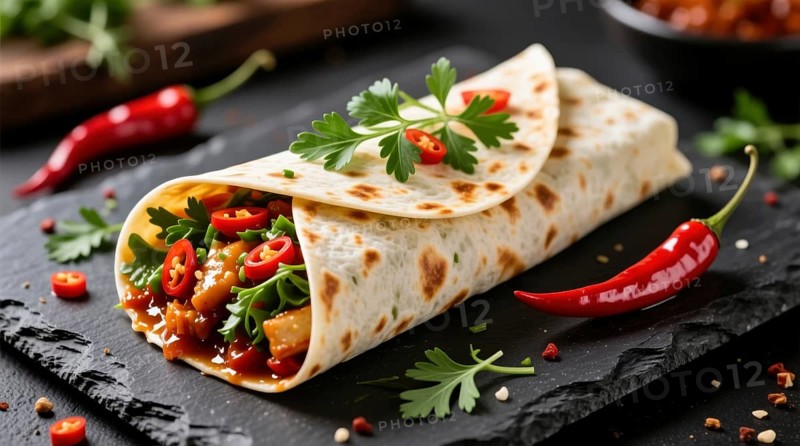 This appetizing burrito is filled with savory ingredients and garnished with fresh herbs and spicy chili peppers, AI generated