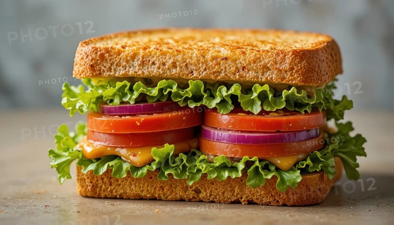 This appetizing sandwich features layers of fresh lettuce, tomato, and red onion, making it a perfect meal, AI generated