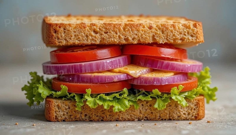 This appetizing sandwich features layers of tomatoes, red onion, lettuce, and cheese between slices of toasted bread, AI generated