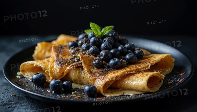 These golden crepes are topped with juicy blueberries and a sprig of mint, perfect for a delightful breakfast or dessert, AI generated