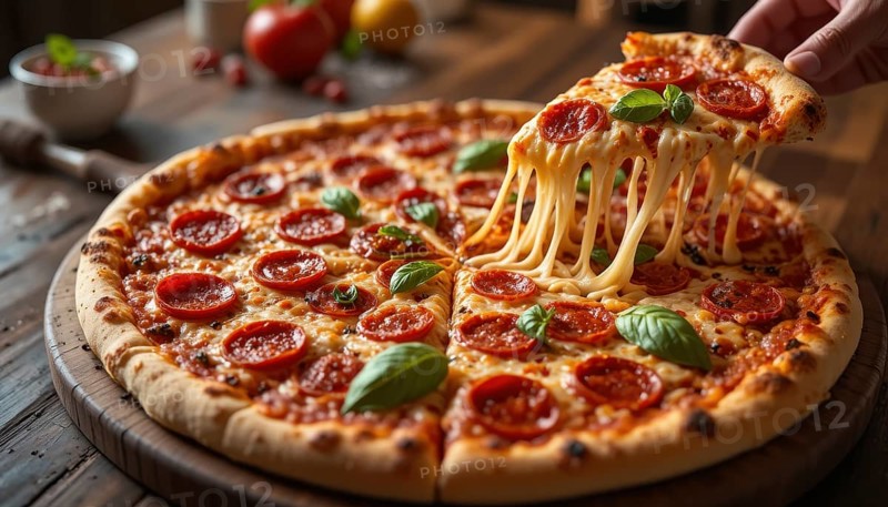 A slice of pizza is being lifted, showcasing the stretchy, melted cheese and inviting flavors, AI generated