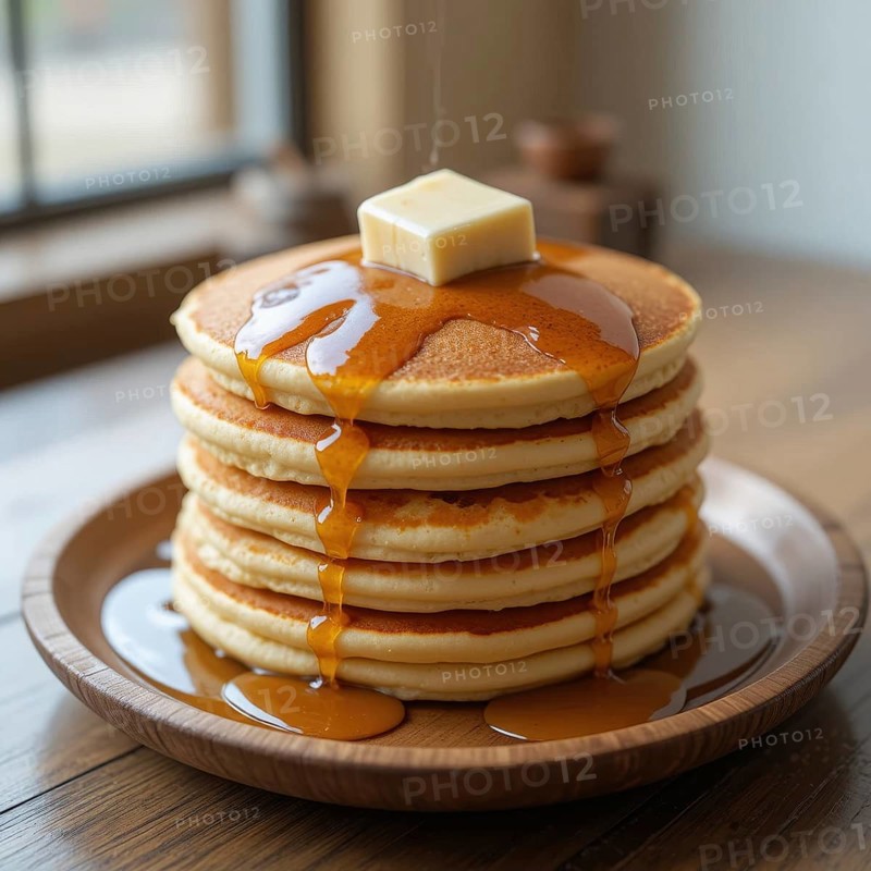 A delicious breakfast of pancakes is drizzled with warm maple syrup and topped with a pat of butter, AI generated