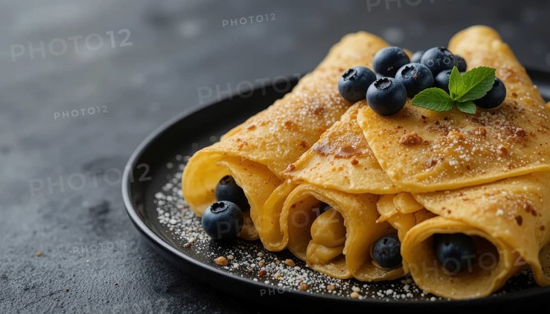These rolled crepes are a perfect breakfast or dessert option, beautifully presented with fresh fruit and a dusting of powdered sugar, AI generated