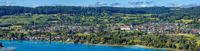 Catholic church of St. Hippolytus and Verena and former Augustinian canons monastery between Schienerberg and Untersee on the Höri peninsula, drone shot, Mammern, Thurgau, Switzerland