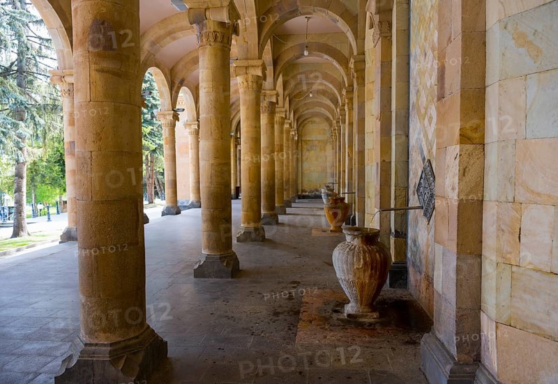 Spacious portico with jugs and symmetrical stone arches that combine historical flair with natural light, mineral water gallery in Jermuk, Jermuk, mineral springs, health resort, Wajoz Dzor province, Armenia