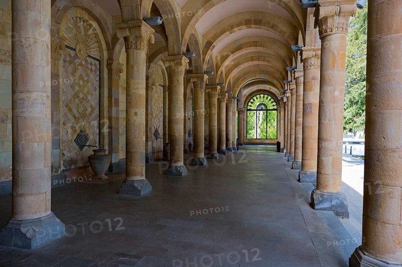 Historic colonnade with symmetrical stone arches in a cool interior, Mineral Water Gallery in Jermuk, Jermuk, Mineral Springs, Vayots Dzor Province, Armenia